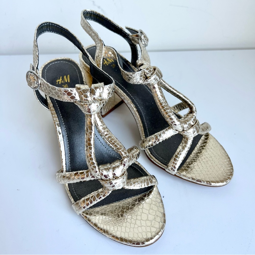 6 H&M Evening Shoes Cocktails Sandals Kitten Heels Gold Metallic H & M